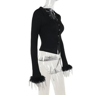 Turnover collar long sleeve fluffy button knitted top