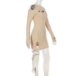 Long sleeve off shoulder knitted hollow out self tie cut out mini dress