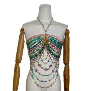Halter beaded metal chain hollow out cut out top
