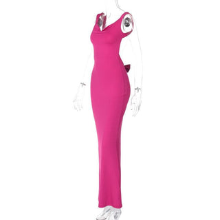 Cowl neck bowknot sleeveless backless solid maxi dress
