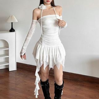 Off shoulder ruched long sleeve solid mini dress