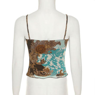 V neck lace hem flower print cami top