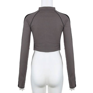 High neck long sleeve tag zip-up top