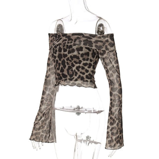 Long sleeve off shoulder leopard print ruffle top