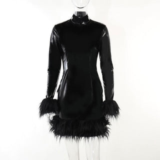 Long sleeve PU leather feather high neck zip-up mini dress-final-sale