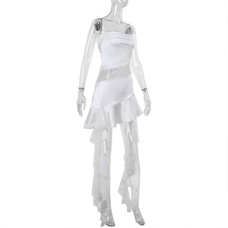 Satin lace hem patchwork ruffle cami mini dress