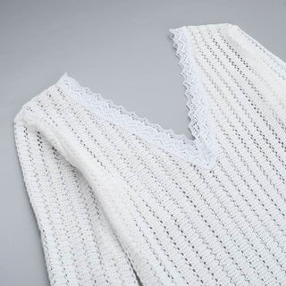 Long sleeve v neck lace slit knitted midi dress