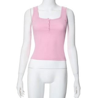 Square neck button ribbed tank top