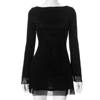 Long sleeve round neck self tie backless mini dress