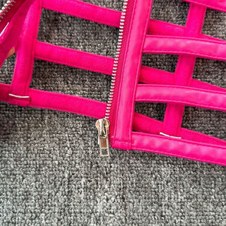 Hollow out beaded zip-up v neck padded cut out top