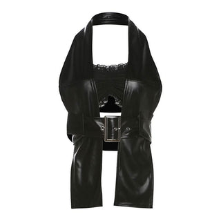 Halter lace hem PU leather 2 piece ruched top