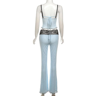 Lace mesh ruffle sweetheart neck cami pant set