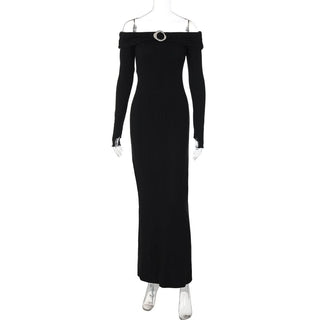 Off shoulder long sleeve slit o ring maxi dress