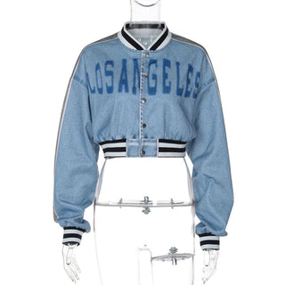 Long sleeve denim letter print patchwork button top