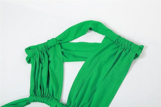 Halter irregular solid backless knotted ruched maxi dress-final-sale