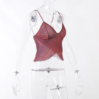 Ruffle v neck sheer mesh cross front print see through crop top