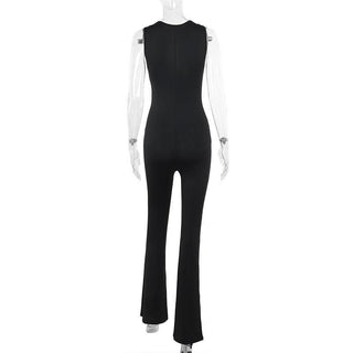 Lace hem deep V neck sleeveless solid jumpsuit