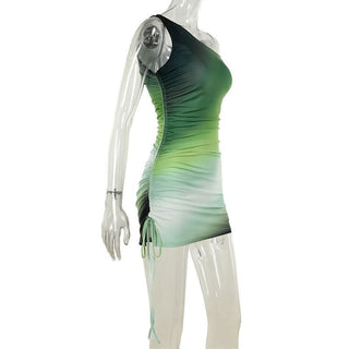One shoulder gradient ruched drawstring mini dress
