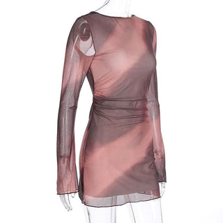 Long sleeve self tie crewneck sheer mesh print mini dress