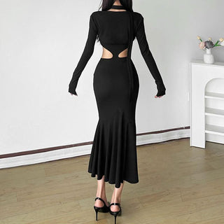 Long sleeve sweetheart neck shrug 2 piece hollow out cut out maxi dress