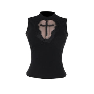 Sleeveless crewneck cross pattern solid top