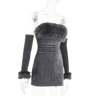 Fluffy gloves beaded tube mini dress