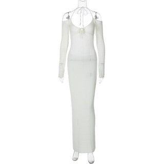 Long sleeve off shoulder halter knitted backless maxi dress-final-sale