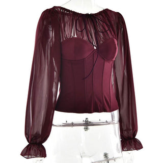 Long sleeve chiffon patchwork corset zip-up top