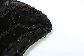 Sweetheart neck velvet lace up mesh beaded mini dress