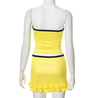 Halter knotted "71" print ruffle tube mini skirt set