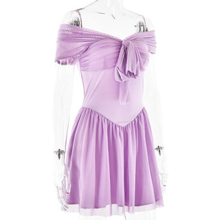 Short sleeve off shoulder knotted mesh patchwork mini dress