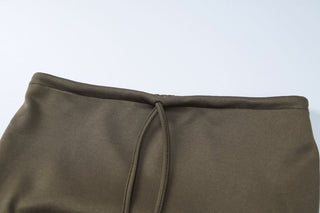 Long sleeve off shoulder self tie ruffle crop mini skirt set