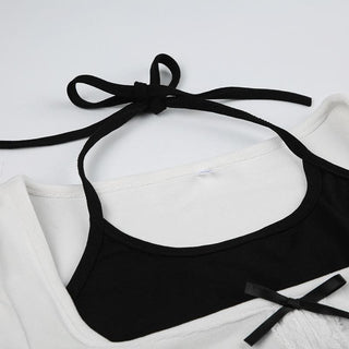 Long sleeve bowknot halter ruched 2 piece top