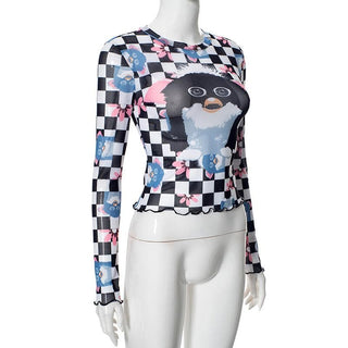 Long sleeve plaid print sheer mesh top