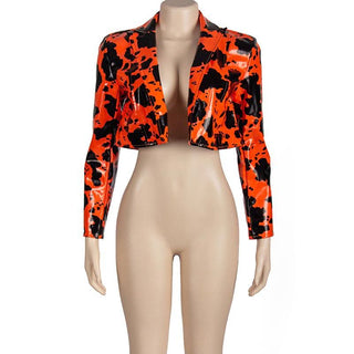 Turnover collar long sleeve PU leather print top