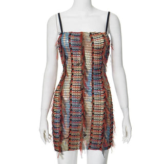 Mesh ruffle stitch contrast textured cami mini dress
