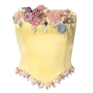 Satin bustier flower applique zip-up tube top