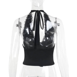 Halter self tie lace hem deep V neck corset top