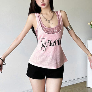 U neck glitter letter print 2 piece top