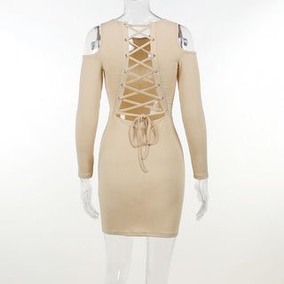 Long sleeve solid hollow out lace up self tie cut out mini dress