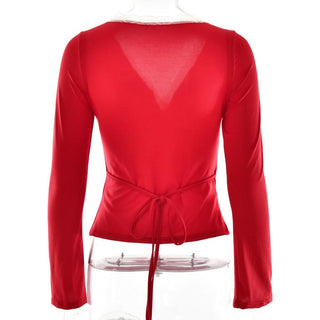 Lace hem long sleeve v neck ribbon ruched top