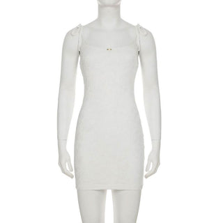 Lace u neck flower applique self tie cami mini dress