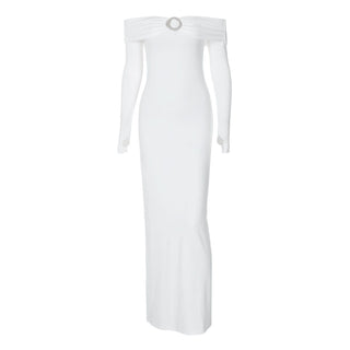 Off shoulder long sleeve slit o ring maxi dress
