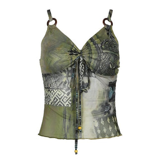 O ring ruched patchwork beaded mesh knotted cami top