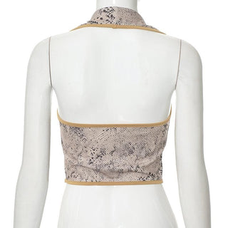 Turnover collar halter snakeskin print top