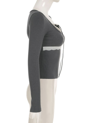 Long sleeve patchwork lace hem bowknot ruched top