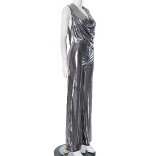 Metallic ruched halter self tie cowl neck jumpsuit