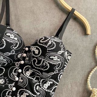 Embroidery v neck backless button cami top