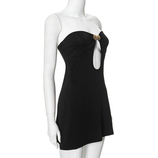 Metal applique hollow out solid tube cut out mini dress