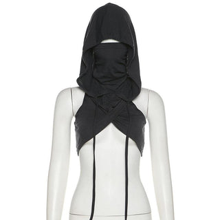 Sleeveless hoodie drawstring cross front ruched top